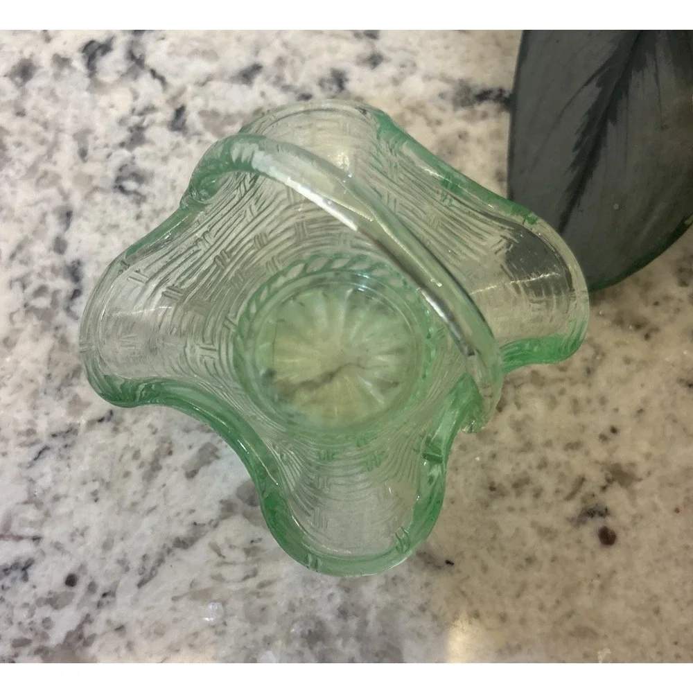 Vintage Green Glass Mini Basket Candy Dish No Chips